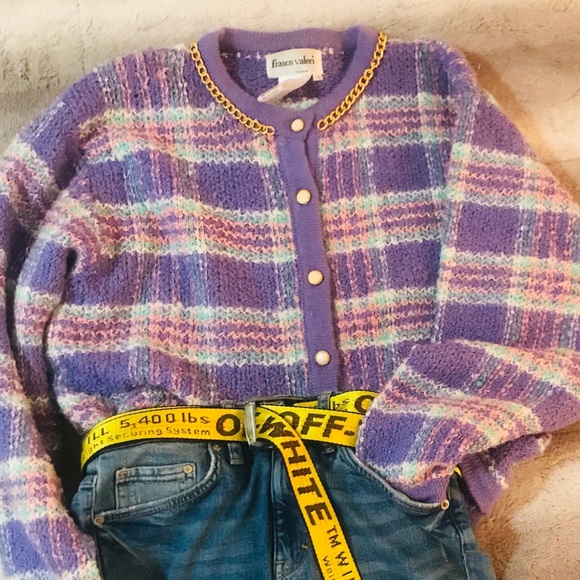 Vintage Plaid Knit Cardigan with Chain Detail